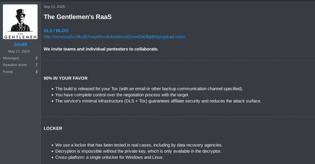The Gentlemen administrator Zeta88 advertising the ransomware as a service program on an underground forum and inviting pentesters to collaborate. Source: Check Point Research