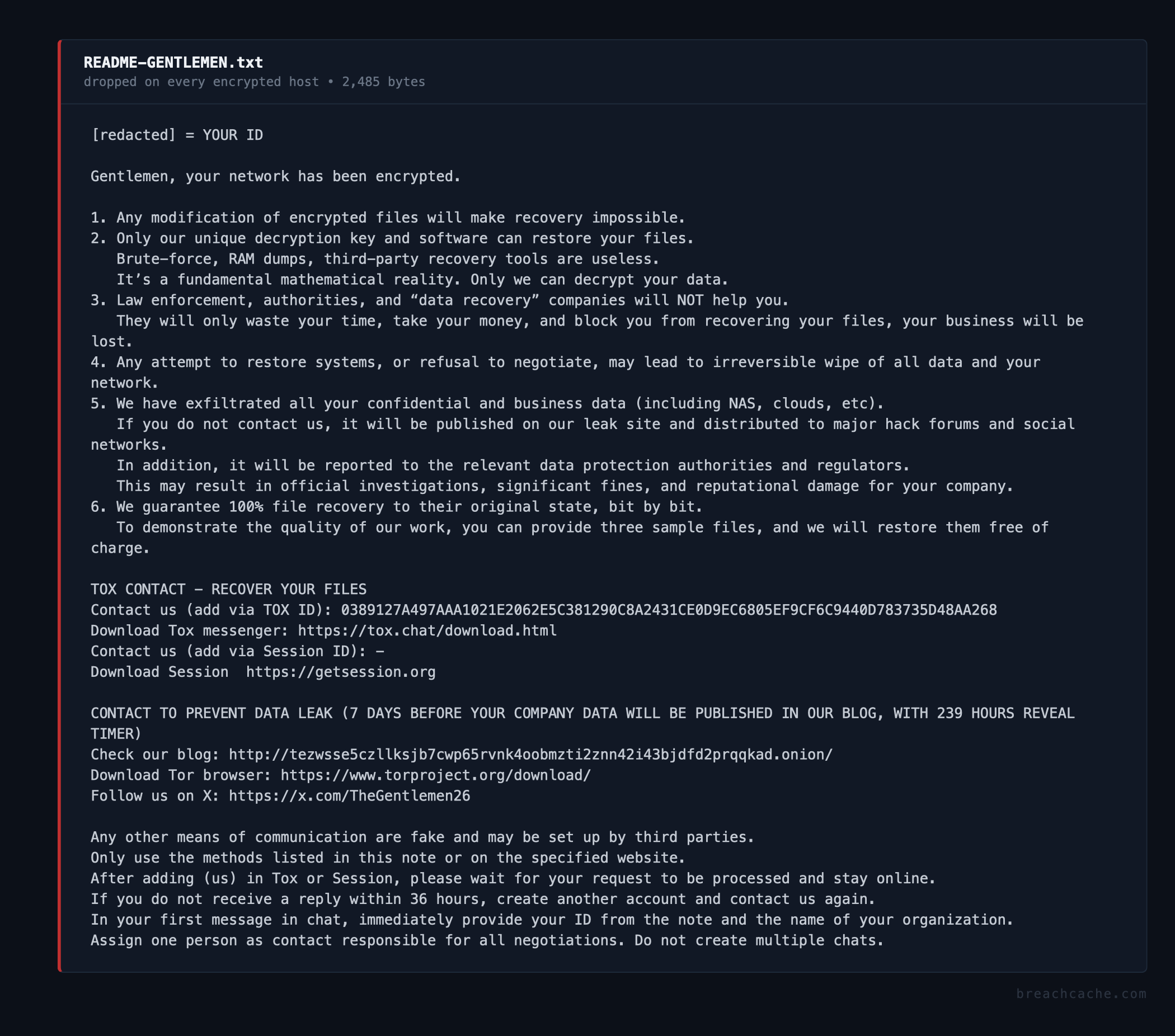 README-GENTLEMEN.txt, the ransom note dropped on every encrypted host