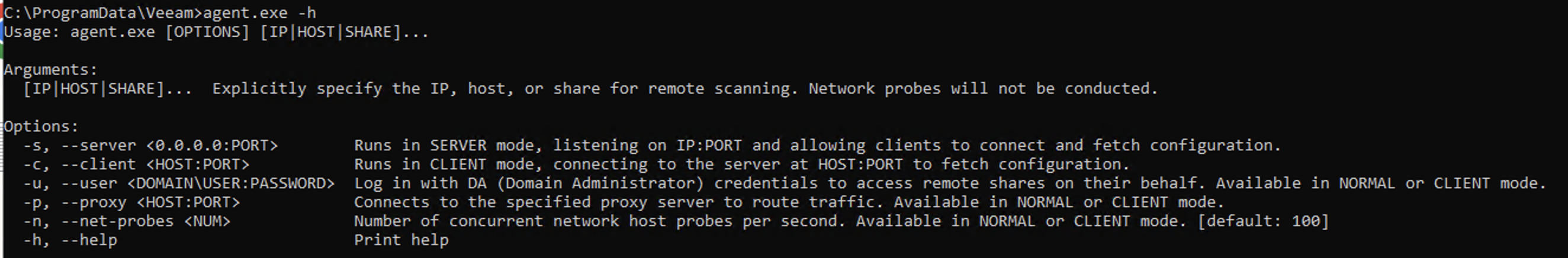 agent.exe help output