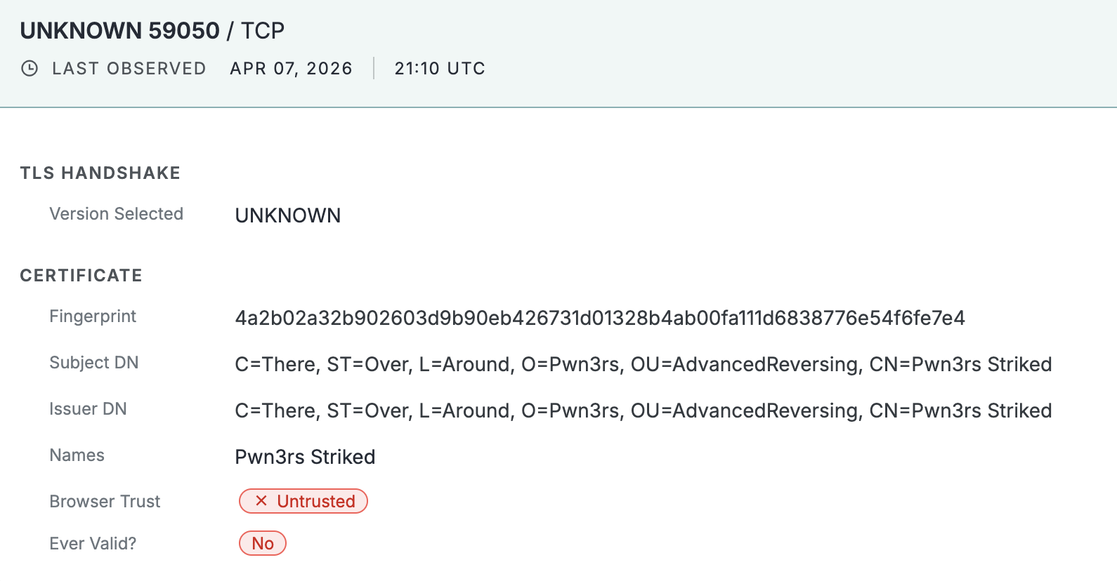 Pwn3rs Striked certificate on Censys