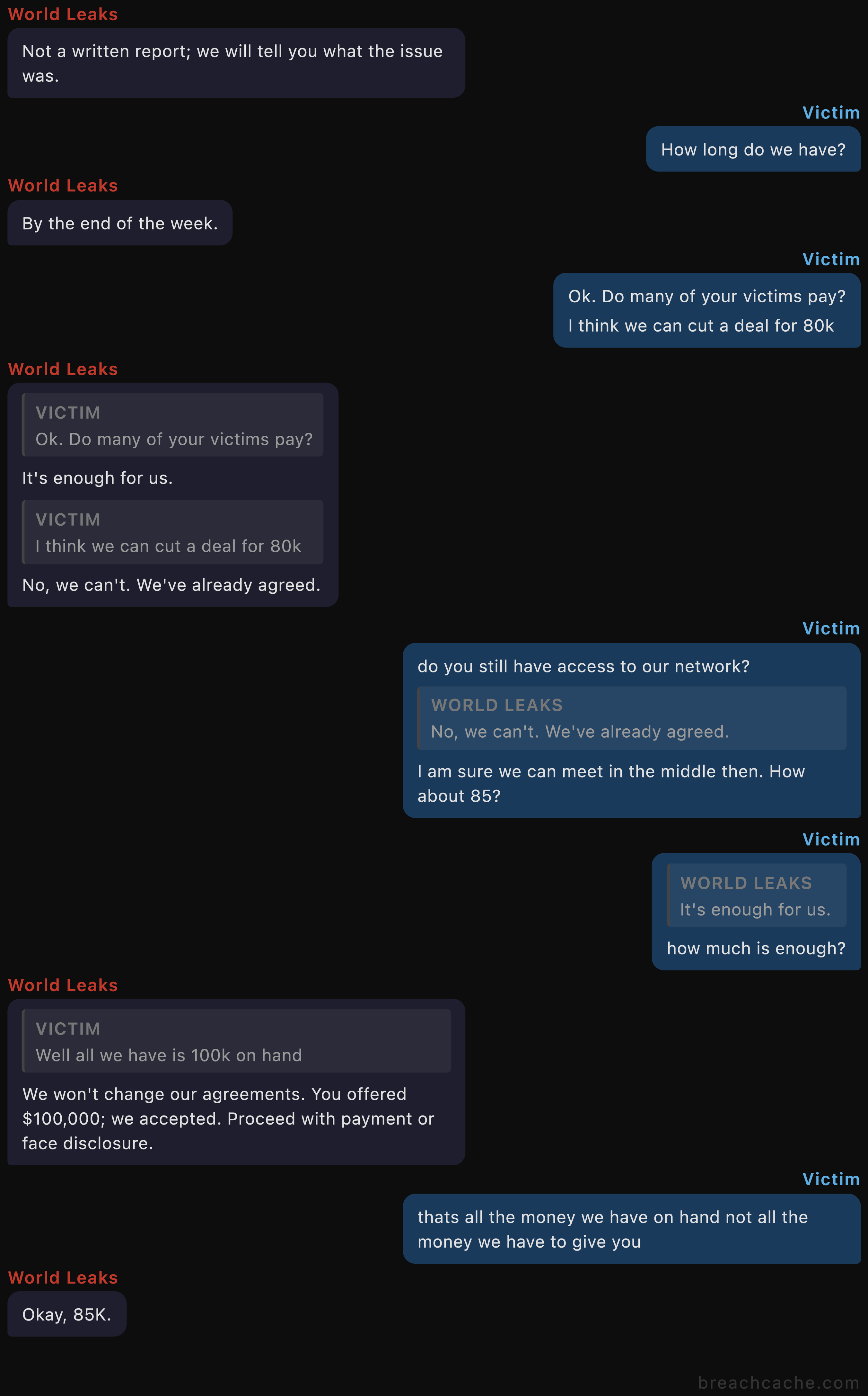 World Leaks negotiation portal chat log continued