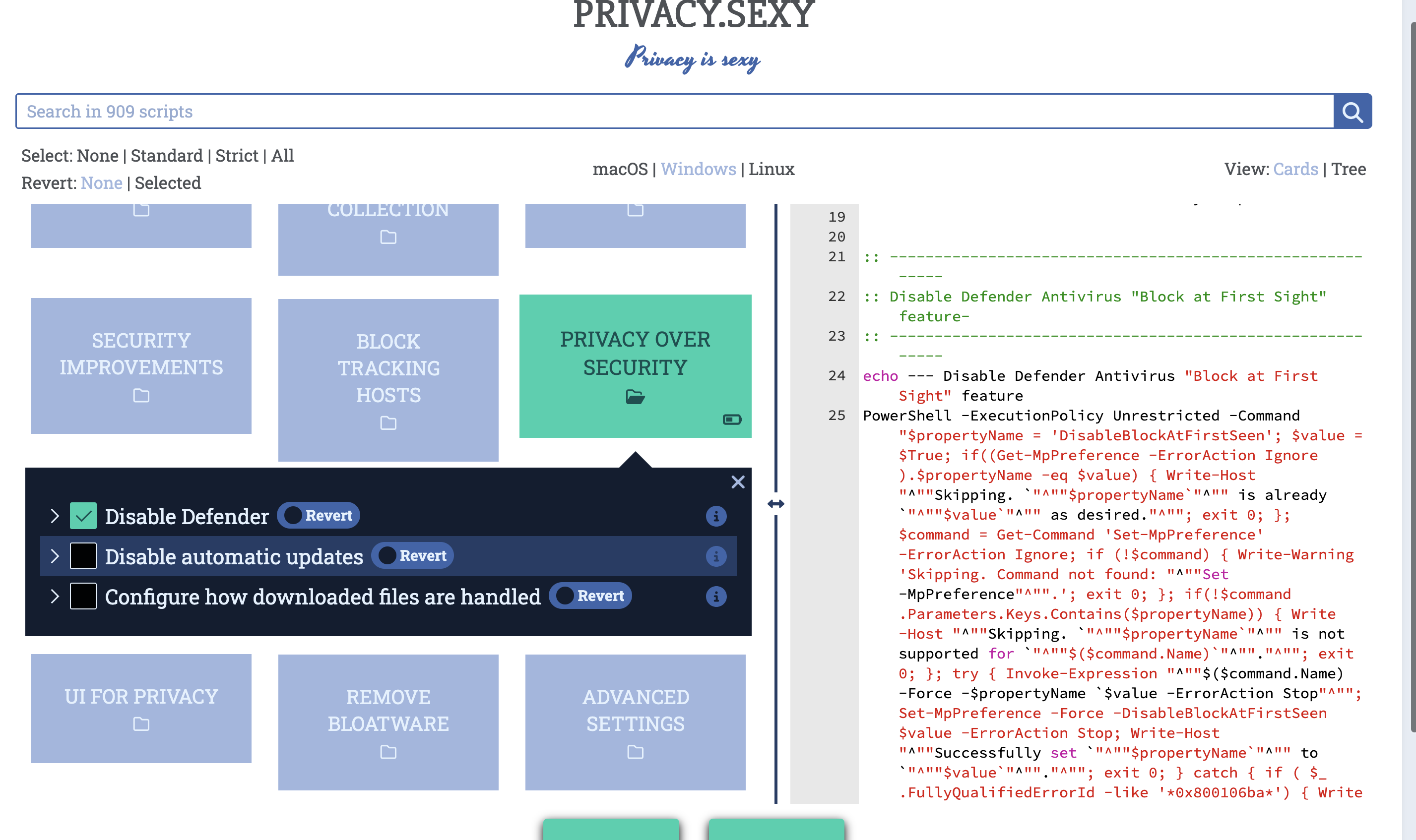 privacy.sexy Disable Defender script