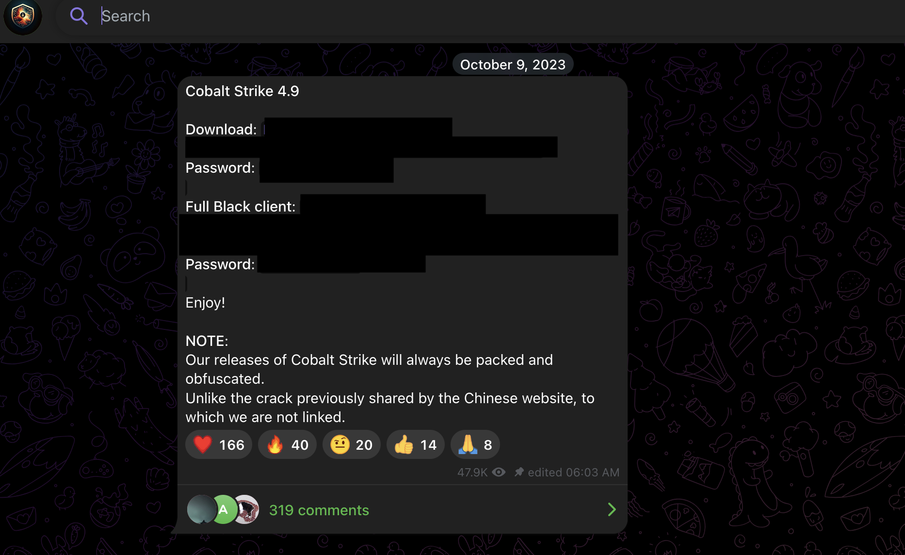 Pwn3rs Telegram channel distributing cracked Cobalt Strike